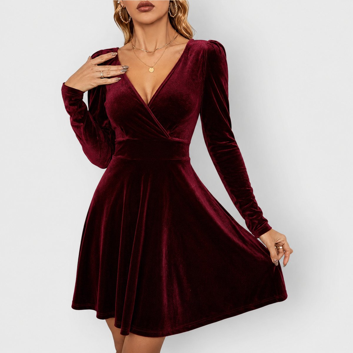 Women's Velvet Skater Formal Dress Deep V-Neck Long Sleeve - Red