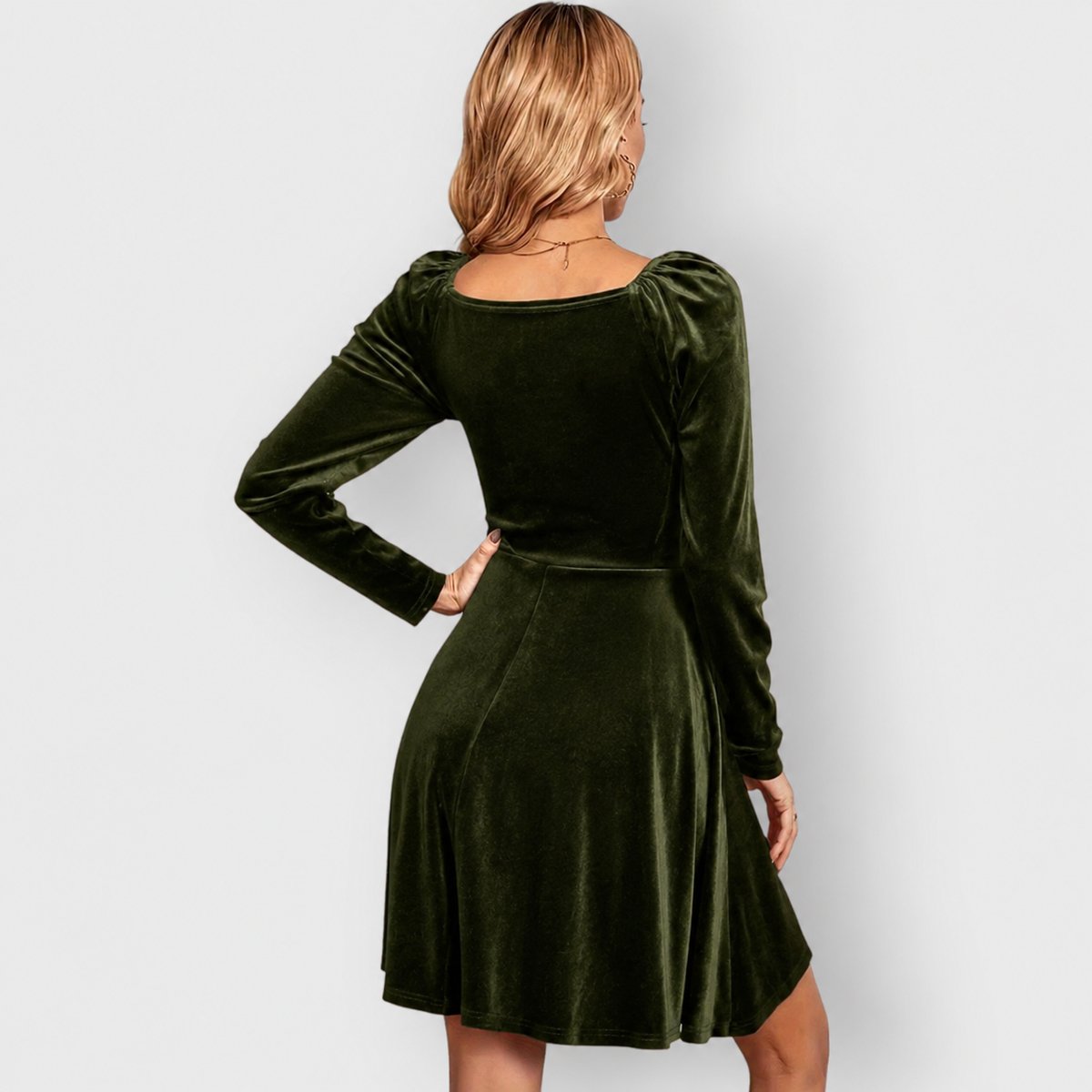 Women's Velvet Skater Formal Dress Deep V-Neck Long Sleeve