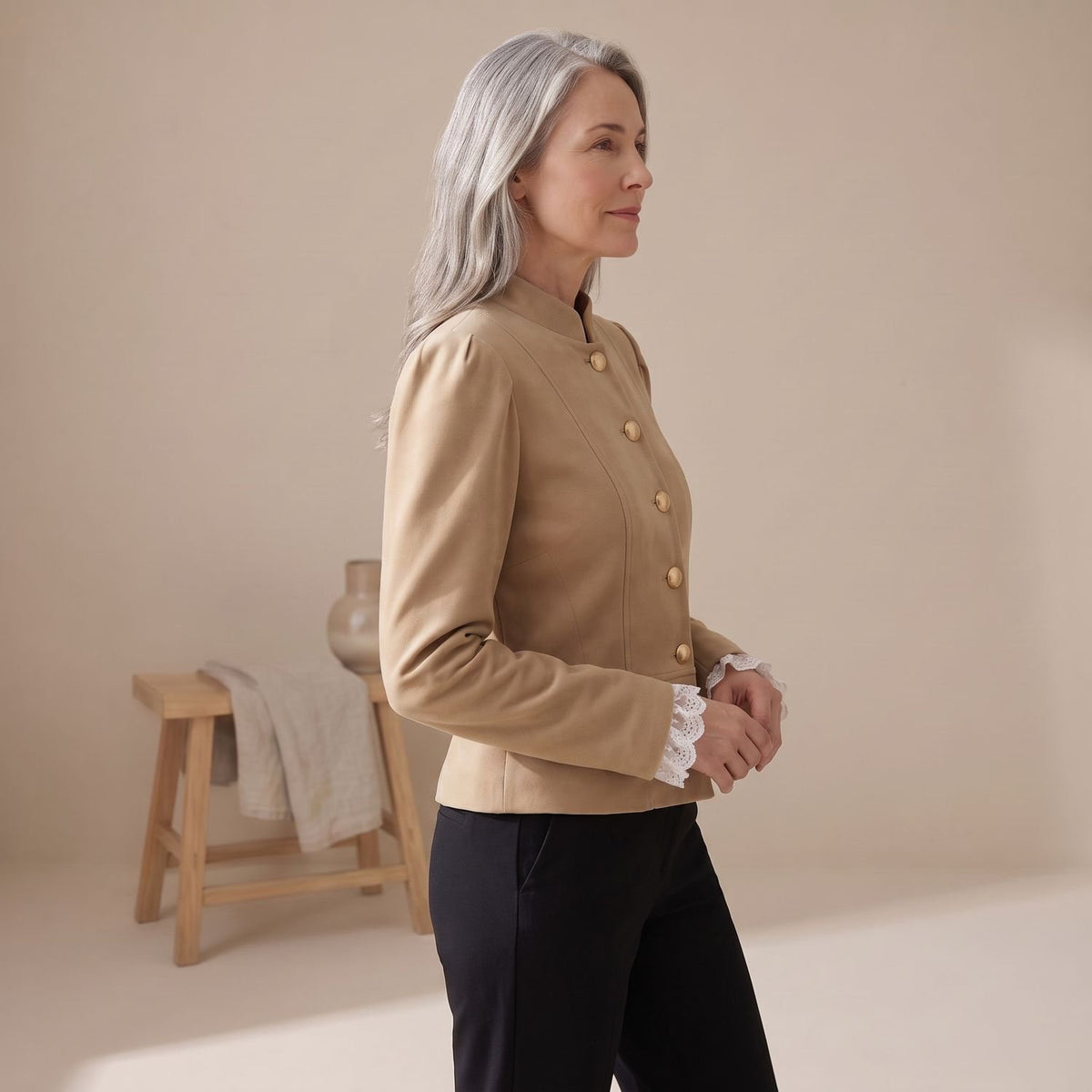 Women's Velvet Stand-Collar Gold-Button Military Blazer