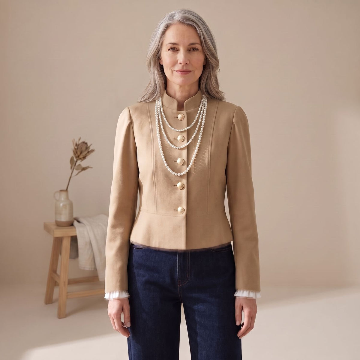 Women's Velvet Stand-Collar Gold-Button Military Blazer - Khaki