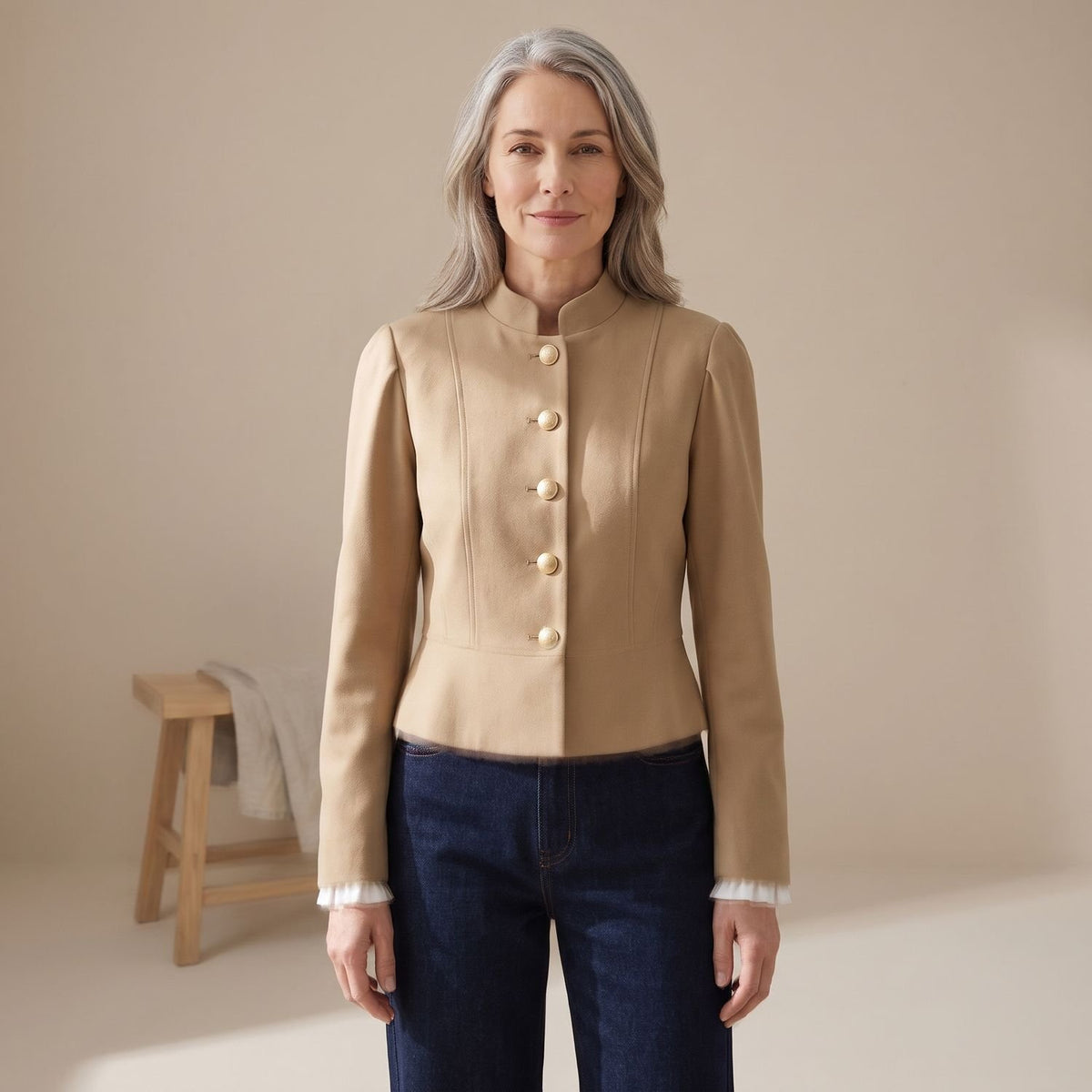 Women's Velvet Stand-Collar Gold-Button Military Blazer