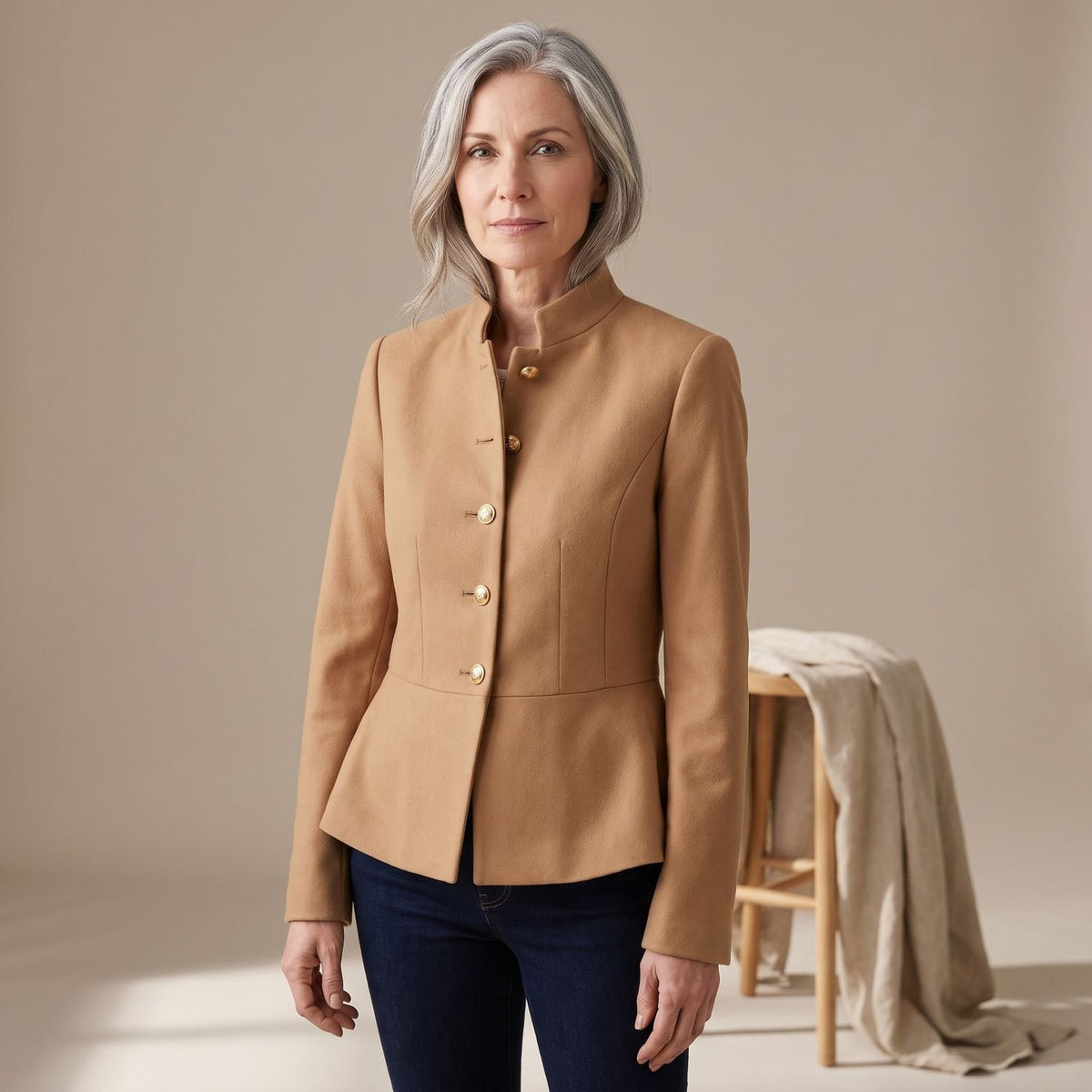 Women's Velvet Stand-Collar Gold-Button Military Blazer