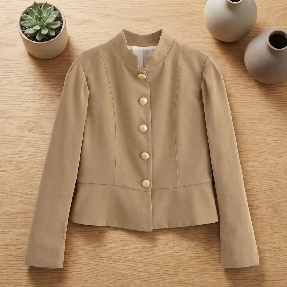 Women's Velvet Stand-Collar Gold-Button Military Blazer