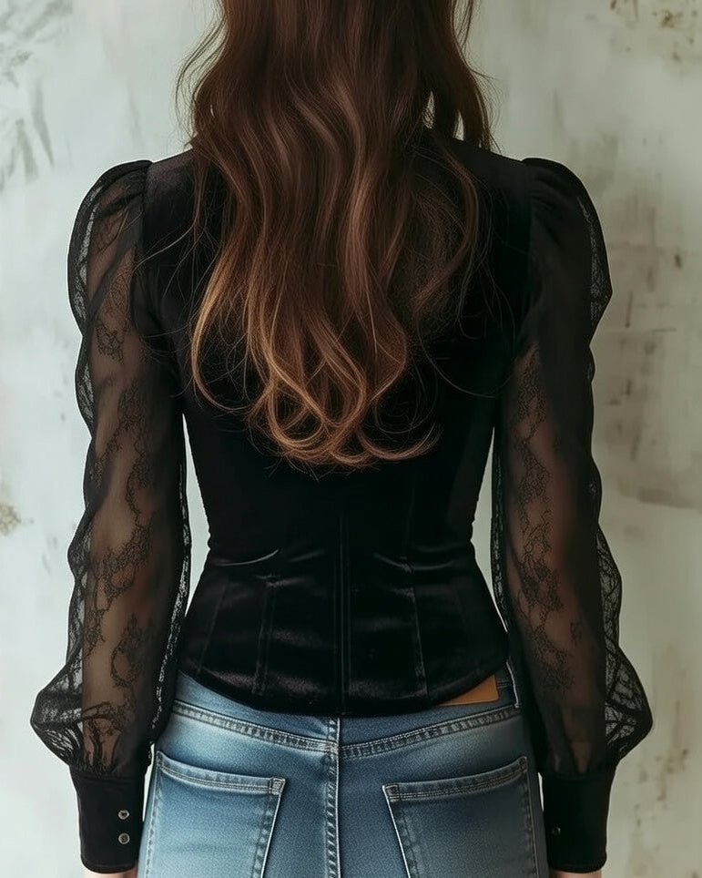 Women's Victorian-Inspired Lace Sleeve Velvet Button-Front Blouse