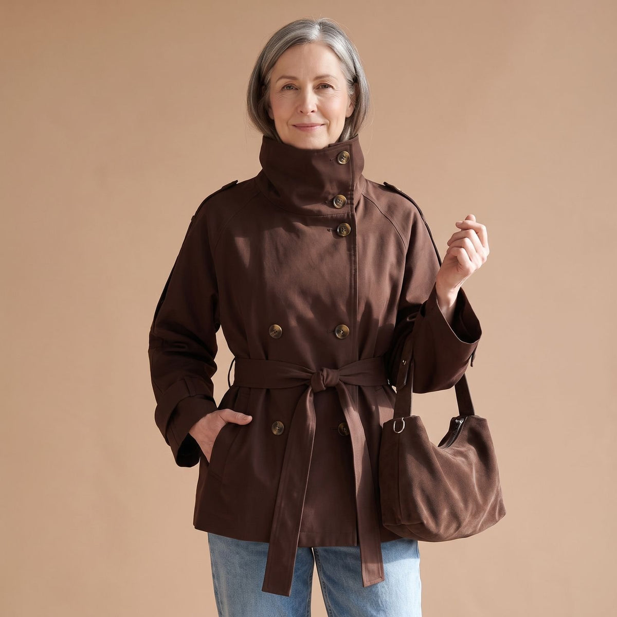 Women's Vintage Double-Breasted High-Neck Belted Trench Coat