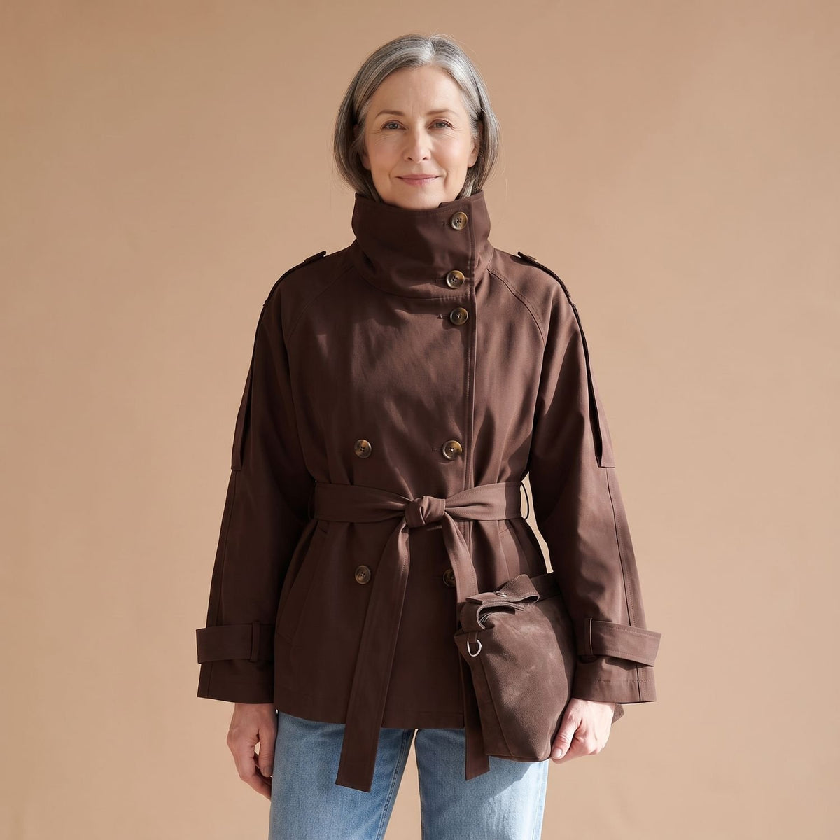 Women's Vintage Double-Breasted High-Neck Belted Trench Coat