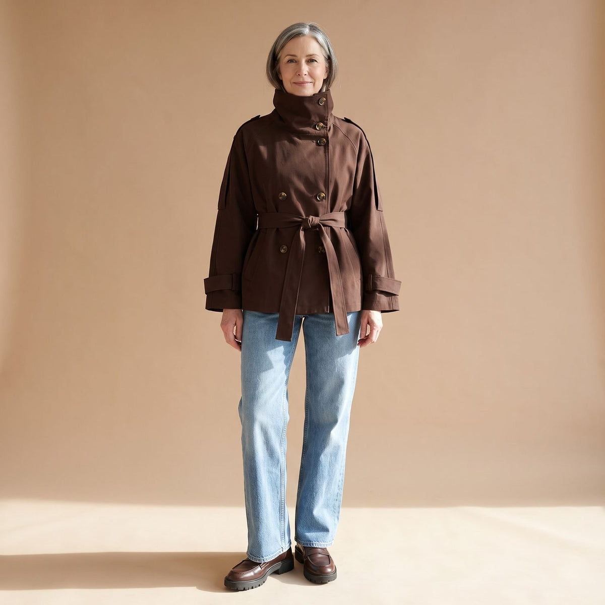 Women's Vintage Double-Breasted High-Neck Belted Trench Coat