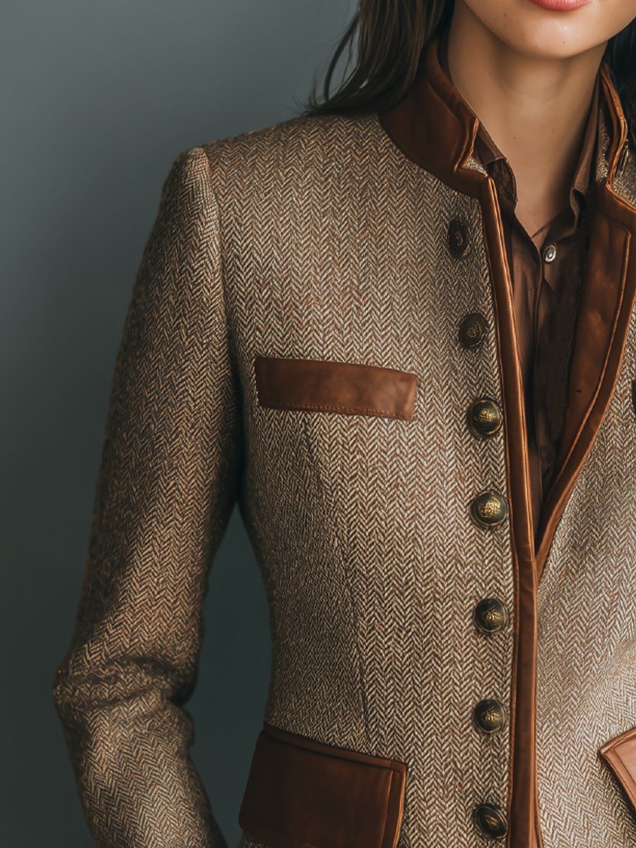 Women's Vintage Herringbone Tweed Leather-Trim Button-Up Jacket