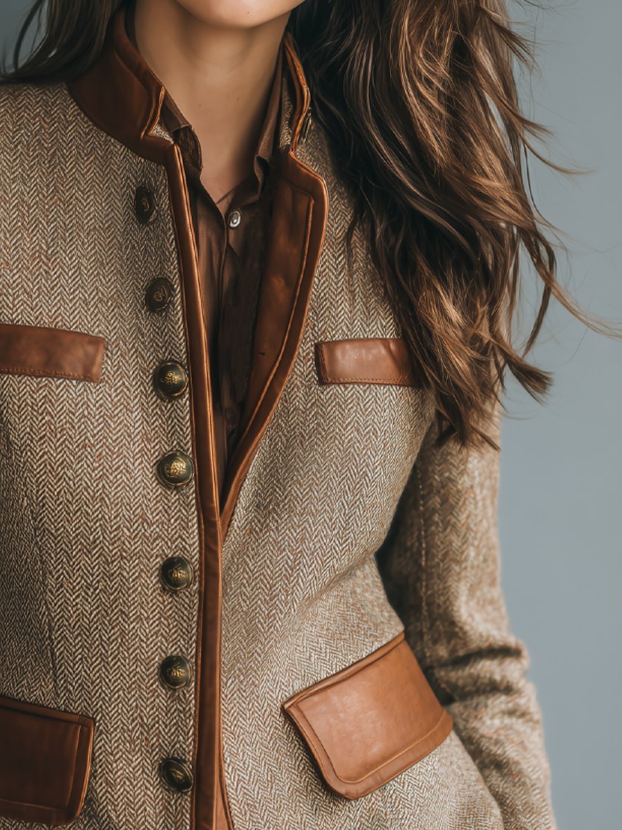 Women's Vintage Herringbone Tweed Leather-Trim Button-Up Jacket