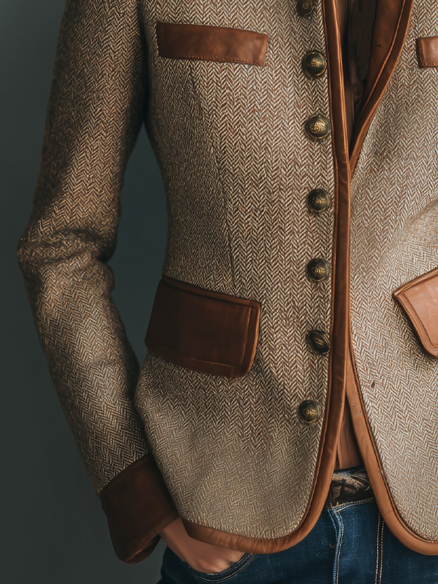 Women's Vintage Herringbone Tweed Leather-Trim Button-Up Jacket