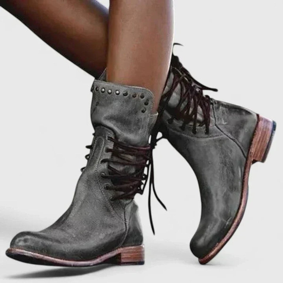Women's Vintage Lace-Up Studded Knee High Boots - Grey