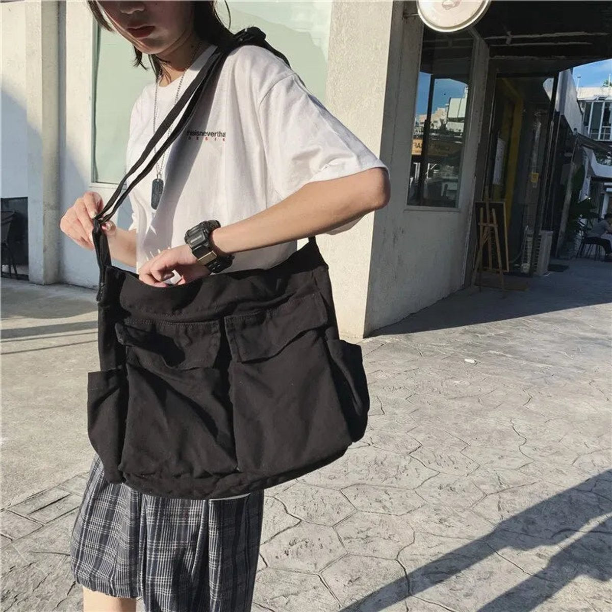 Women's Vintage Multi-Pocket Canvas Tote Bag Adjustable Shoulder Strap