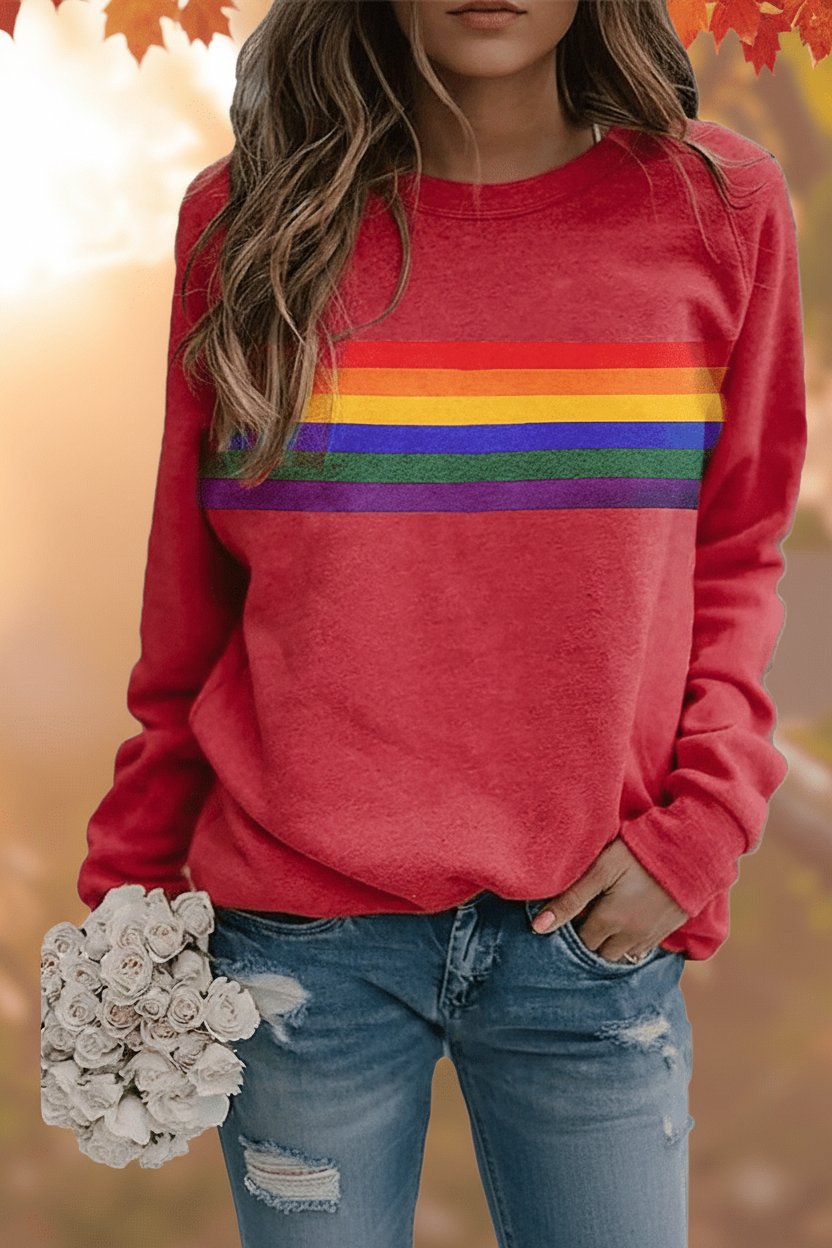 Women's Vintage Rainbow Striped Relaxed-Fit Long-Sleeve Jumper - Red