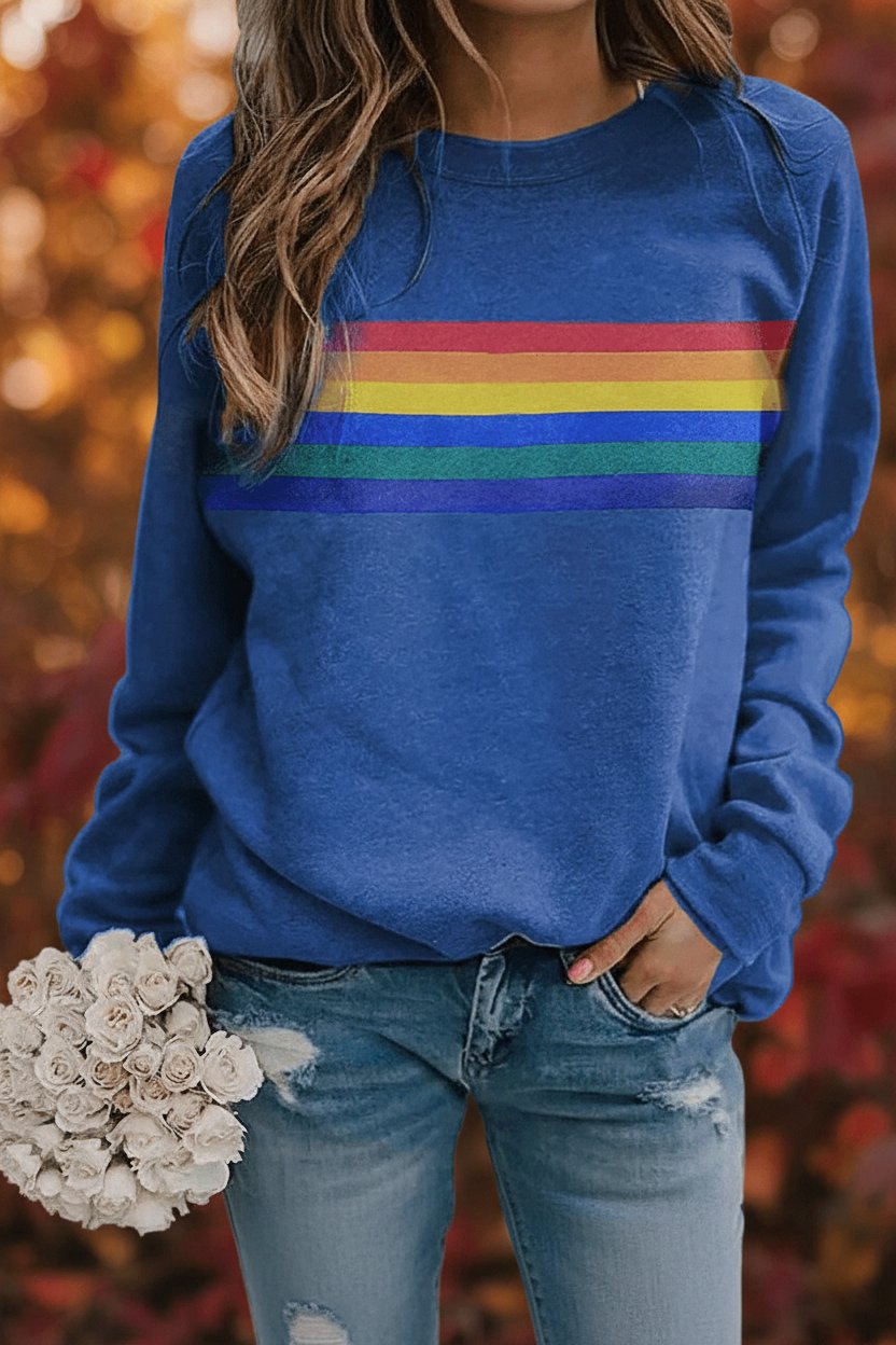 Women's Vintage Rainbow Striped Relaxed-Fit Long-Sleeve Jumper - Blue