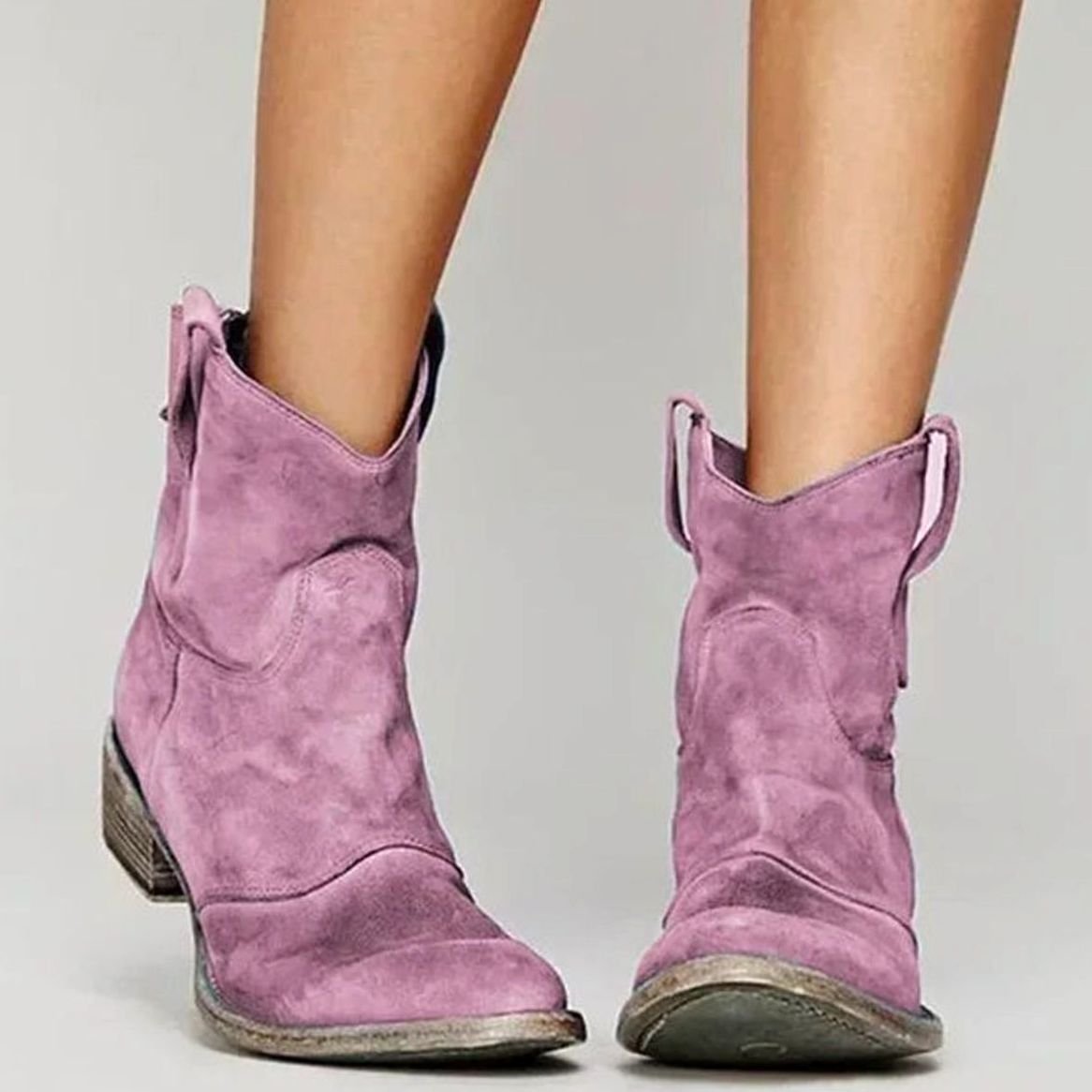 Women's Vintage Western Suede Slip-On Ankle Boots - Pink