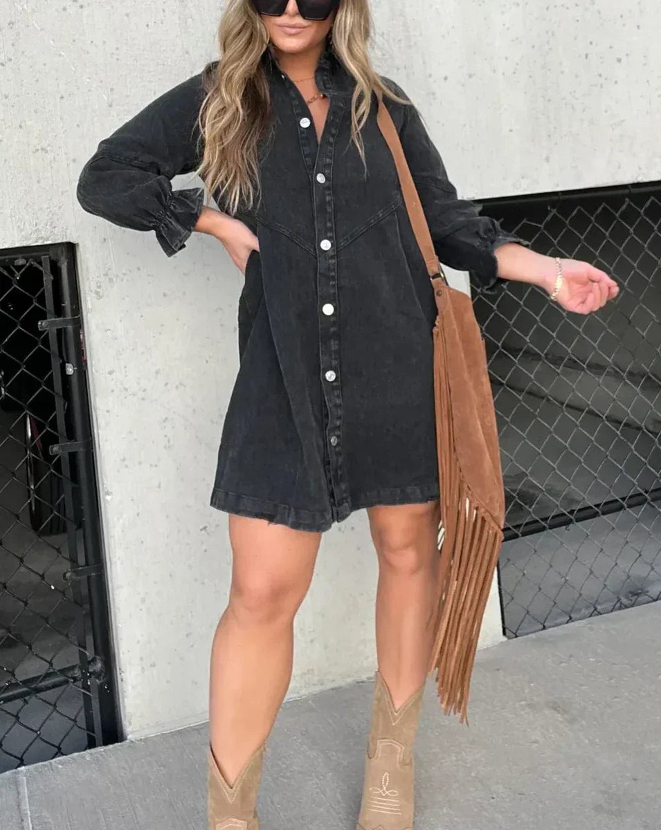 Women's Washed Denim Mini Party Dress Button-Down Ruffle Sleeve