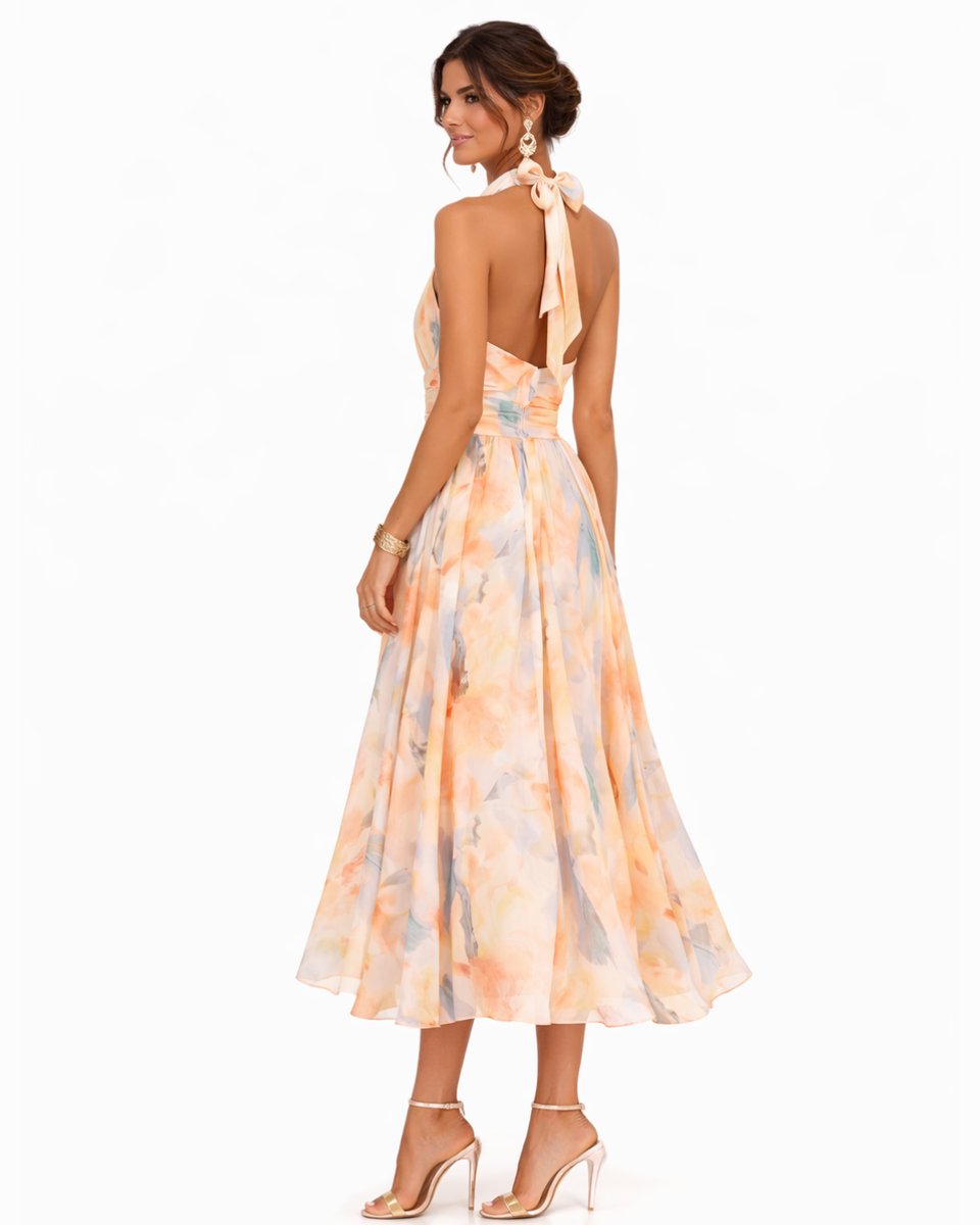 Women's Watercolour Floral Halter Neck Chiffon Midi Dress