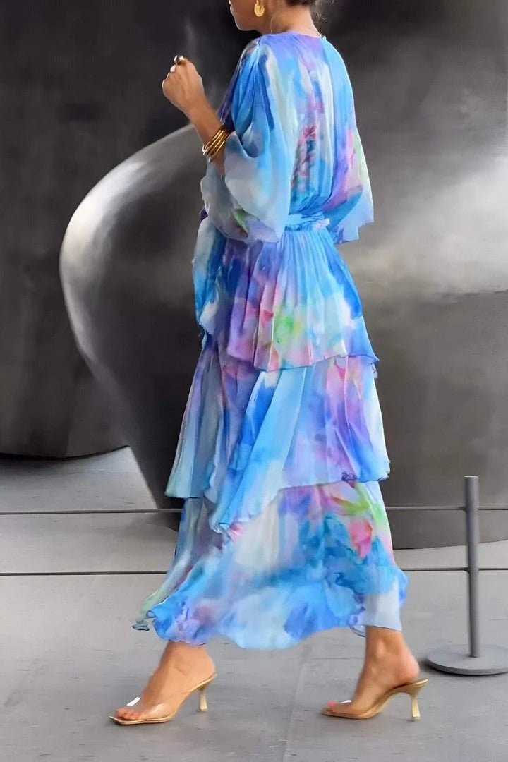 Women's Watercolour Floral Tiered Chiffon Wrap Maxi Dress