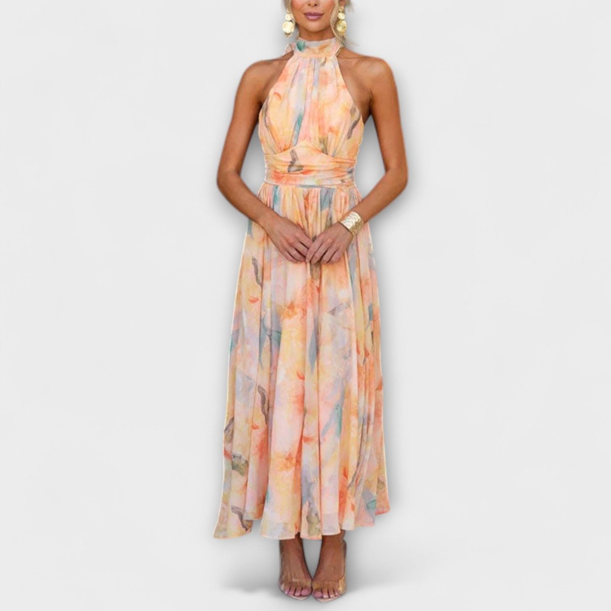 Women's Watercolour Print Halter Neck Cocktail Party Dress Maxi