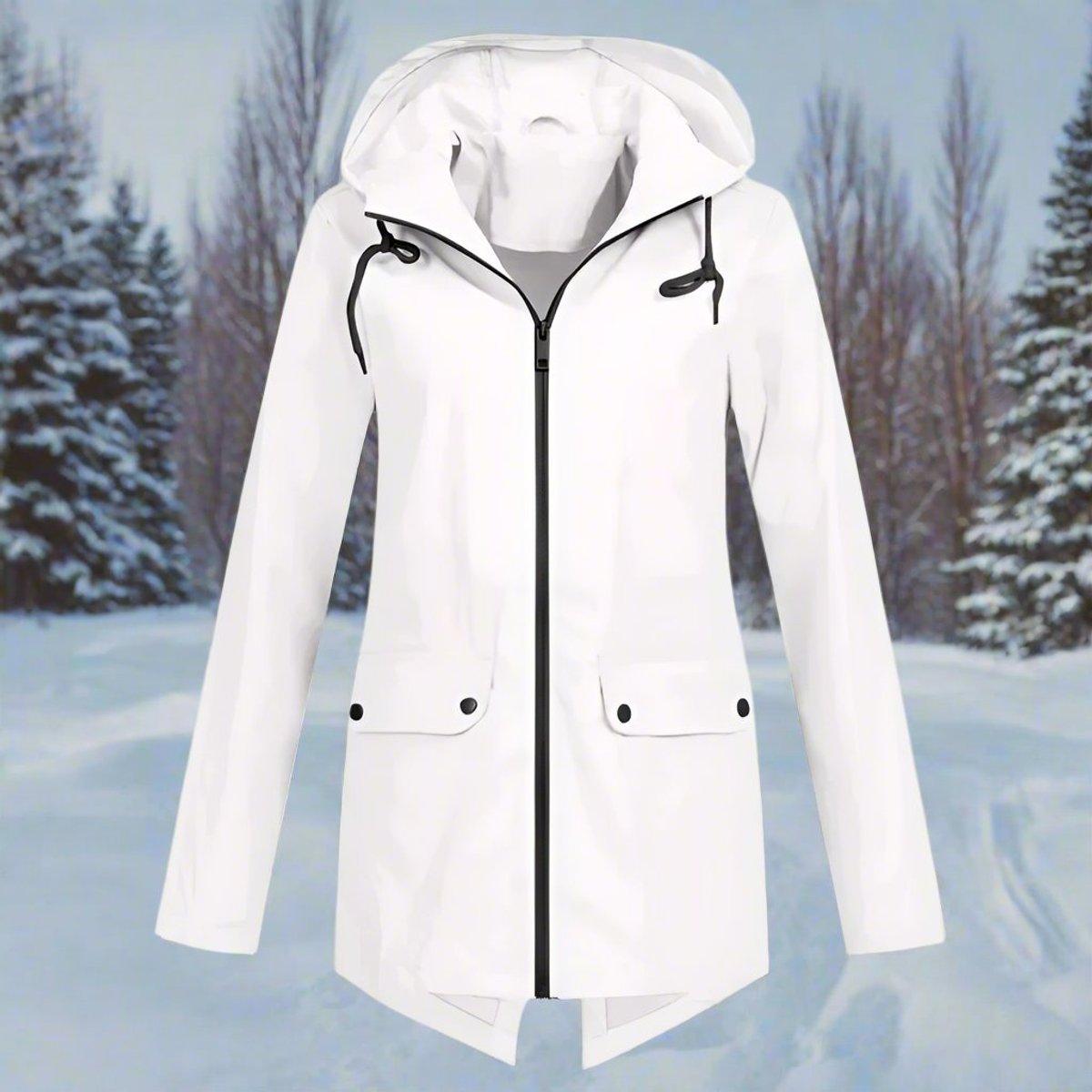 Women's Waterproof Hooded Zip-Up Rain Jacket Adjustable Cuffs - White