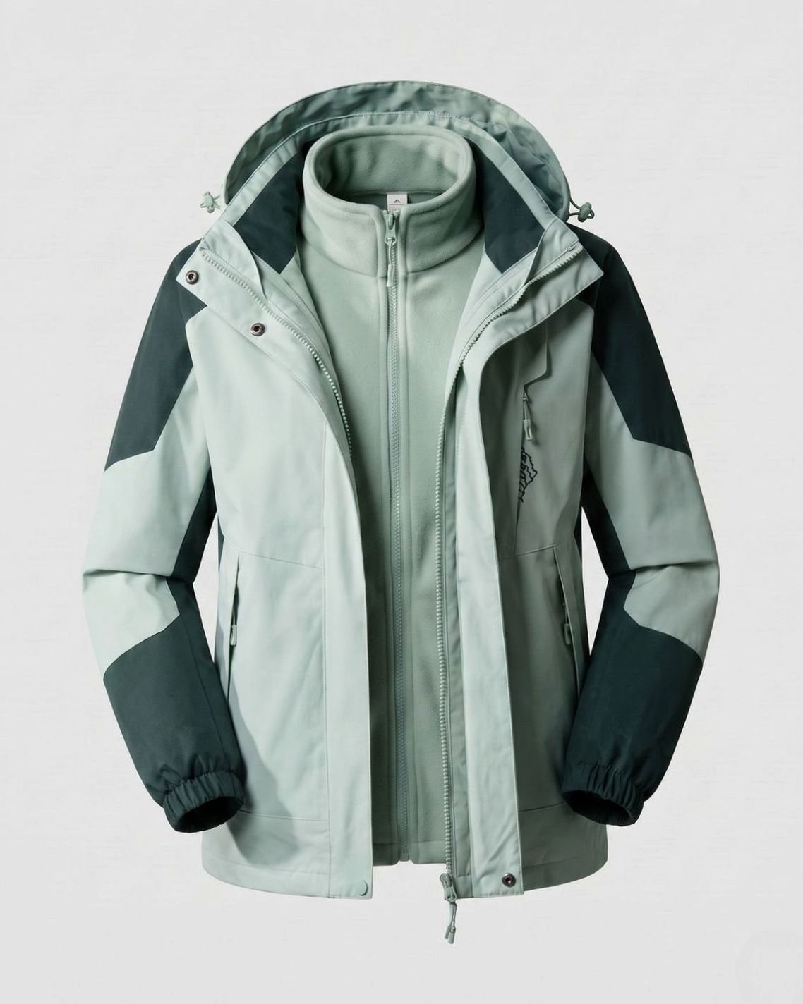 Women's Waterproof Two-Layer Hooded Outdoor Jacket Adjustable Hem - Women Dark Green (2-Piece Set)