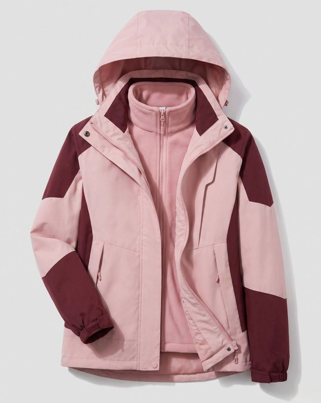 Women's Waterproof Two-Layer Hooded Outdoor Jacket Adjustable Hem - Women Rose-Wine Red (Single)