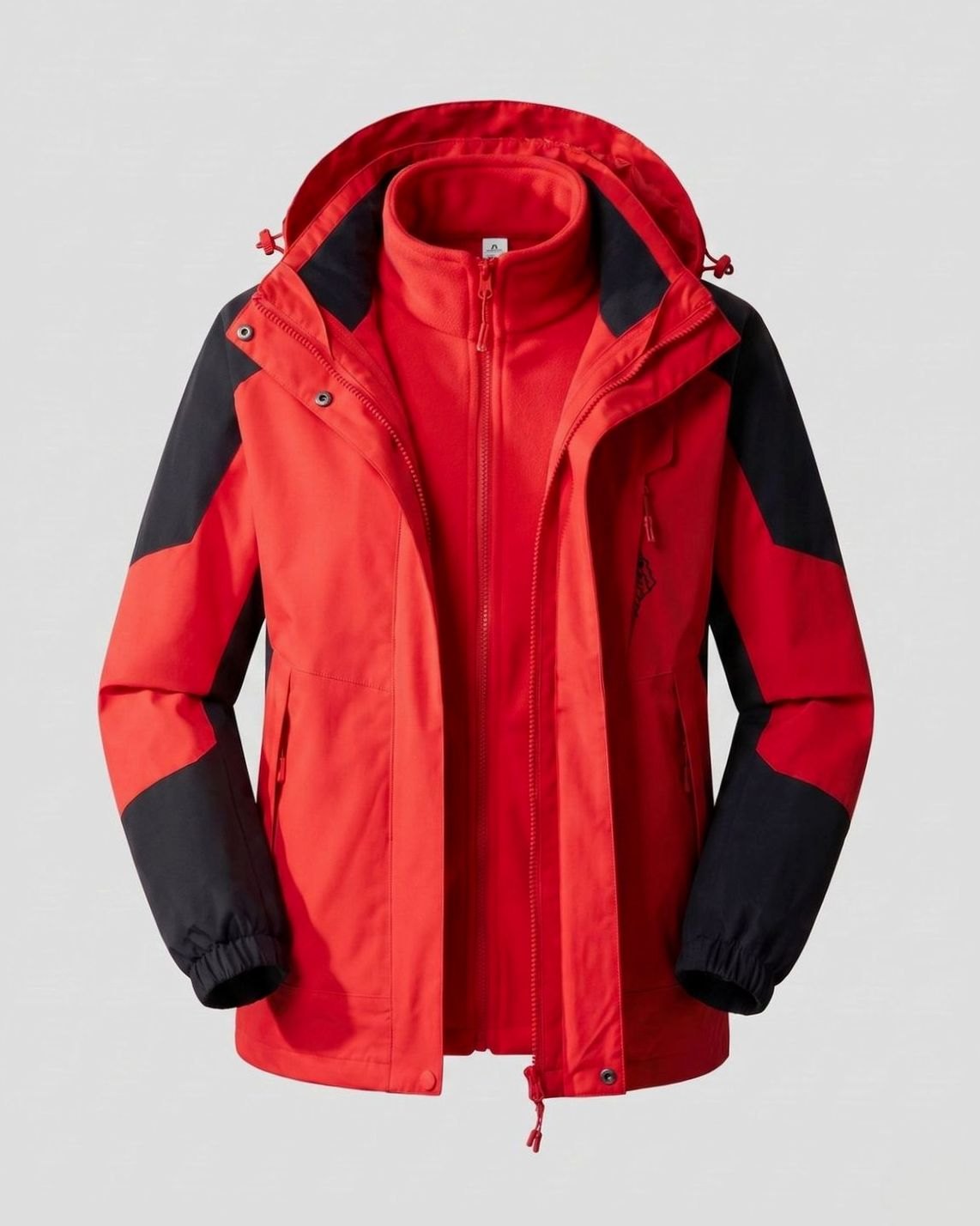 Women's Waterproof Two-Layer Hooded Outdoor Jacket Adjustable Hem - Men China Red (2-Piece Set)