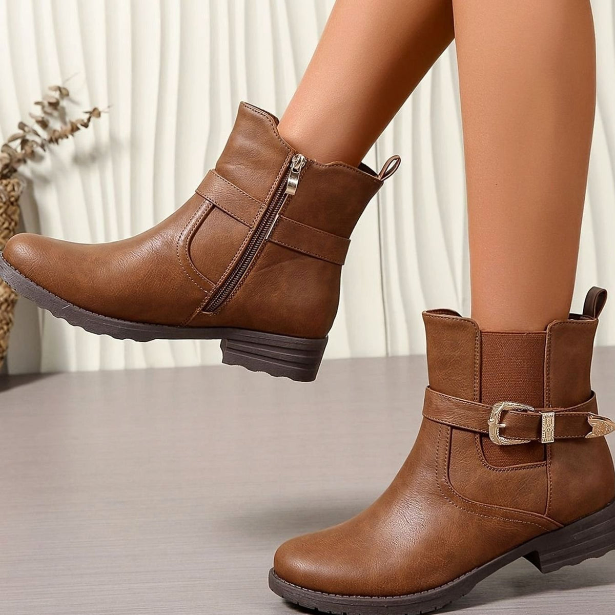 Women's Western-Inspired Block Heel Ankle Boots Gold Buckle Detail