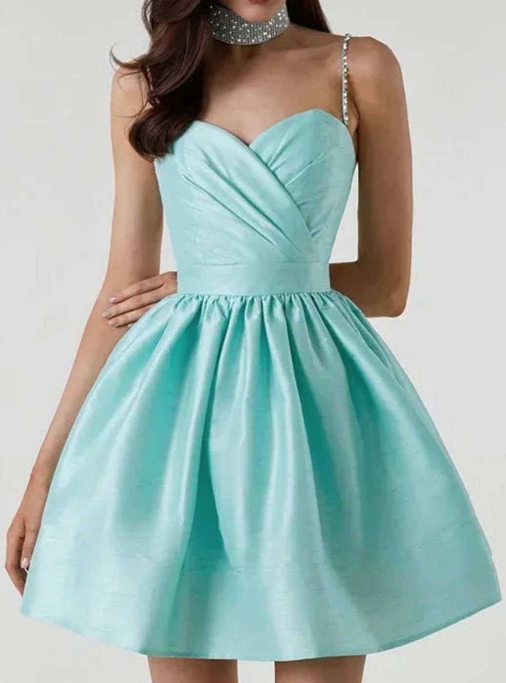 Women's White Satin Mini Dress Rhinestone-Strap Sweetheart Open Back - Blue