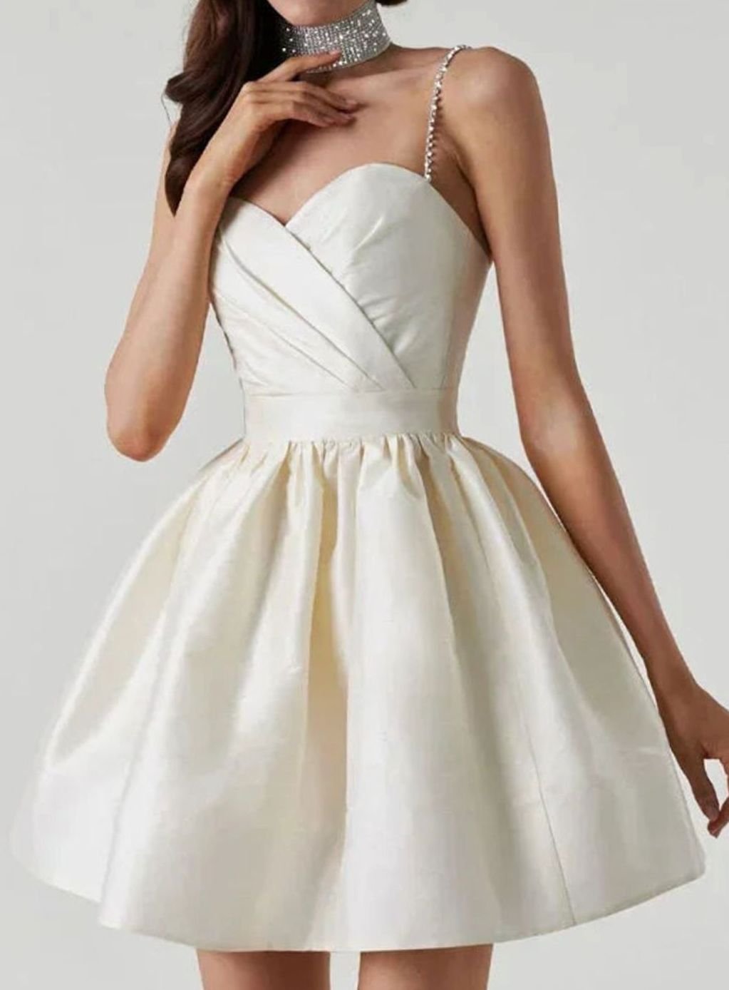 Women's White Satin Mini Dress Rhinestone-Strap Sweetheart Open Back - White