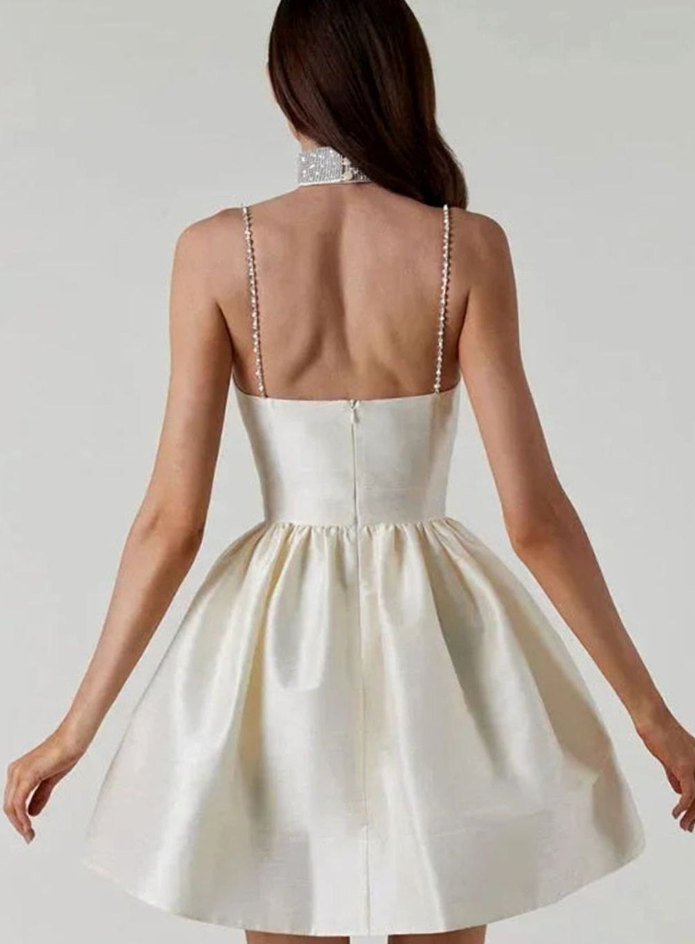 Women's White Satin Mini Dress Rhinestone-Strap Sweetheart Open Back