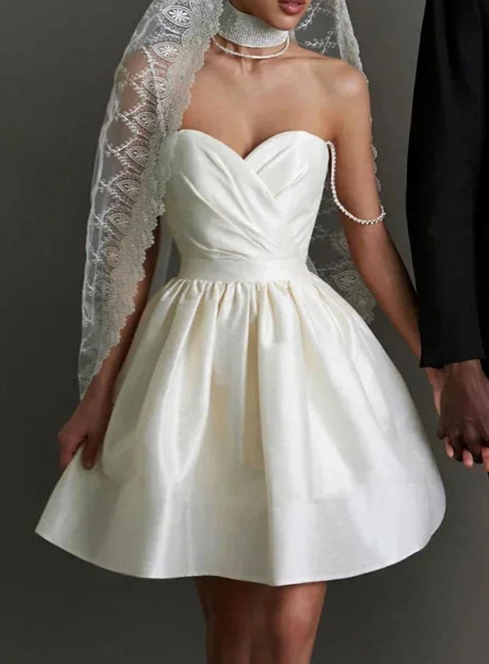 Women's White Satin Mini Dress Rhinestone-Strap Sweetheart Open Back