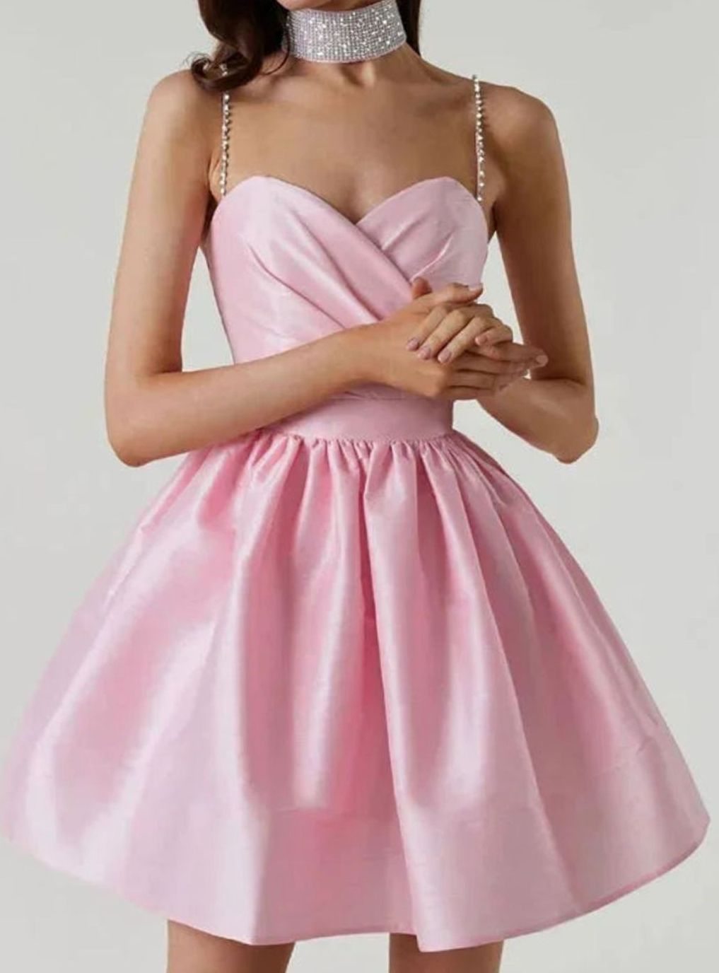 Women's White Satin Mini Dress Rhinestone-Strap Sweetheart Open Back