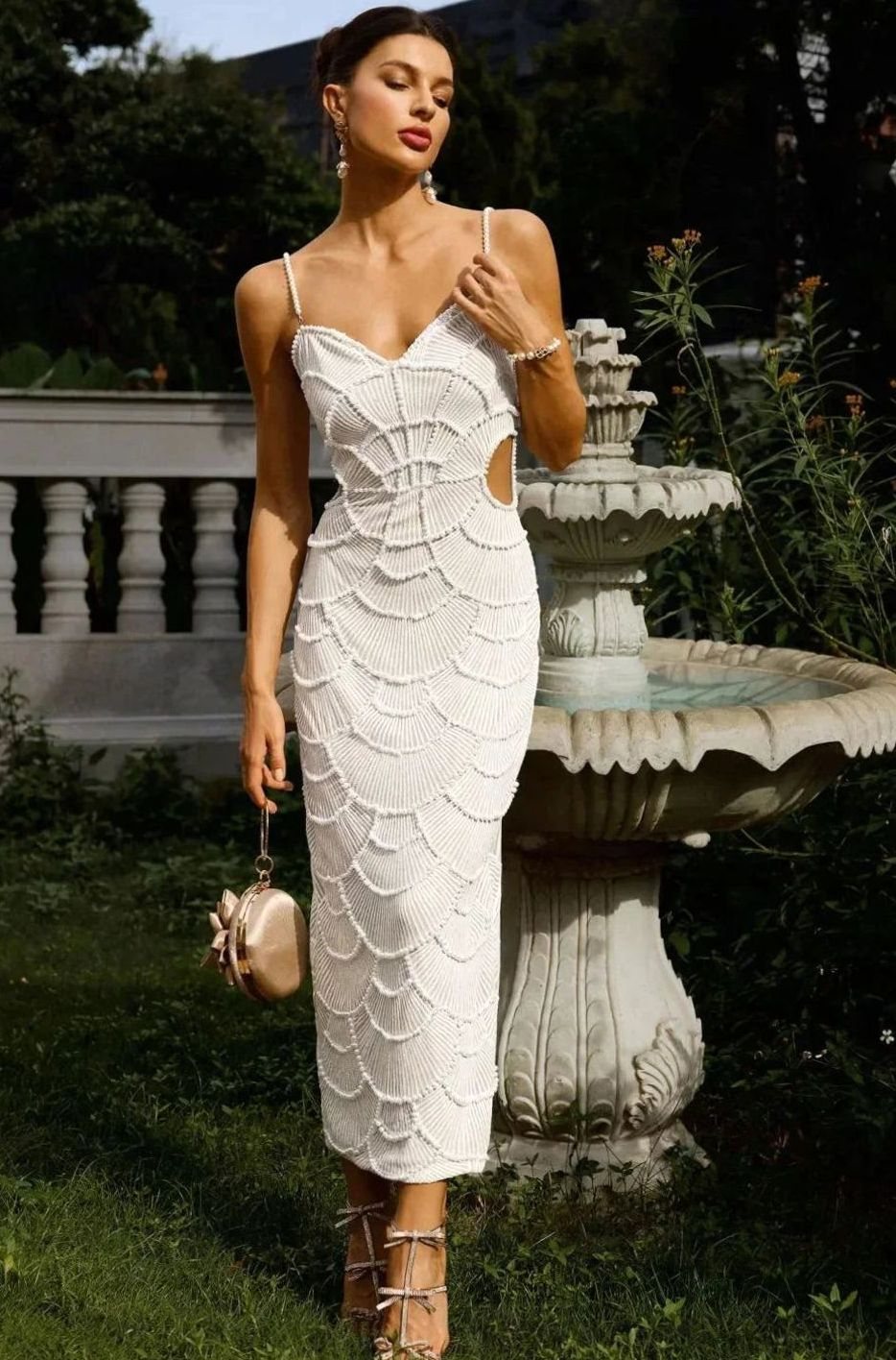 Women's White Sequin Cut-Out Spaghetti Strap Midi Party Dress