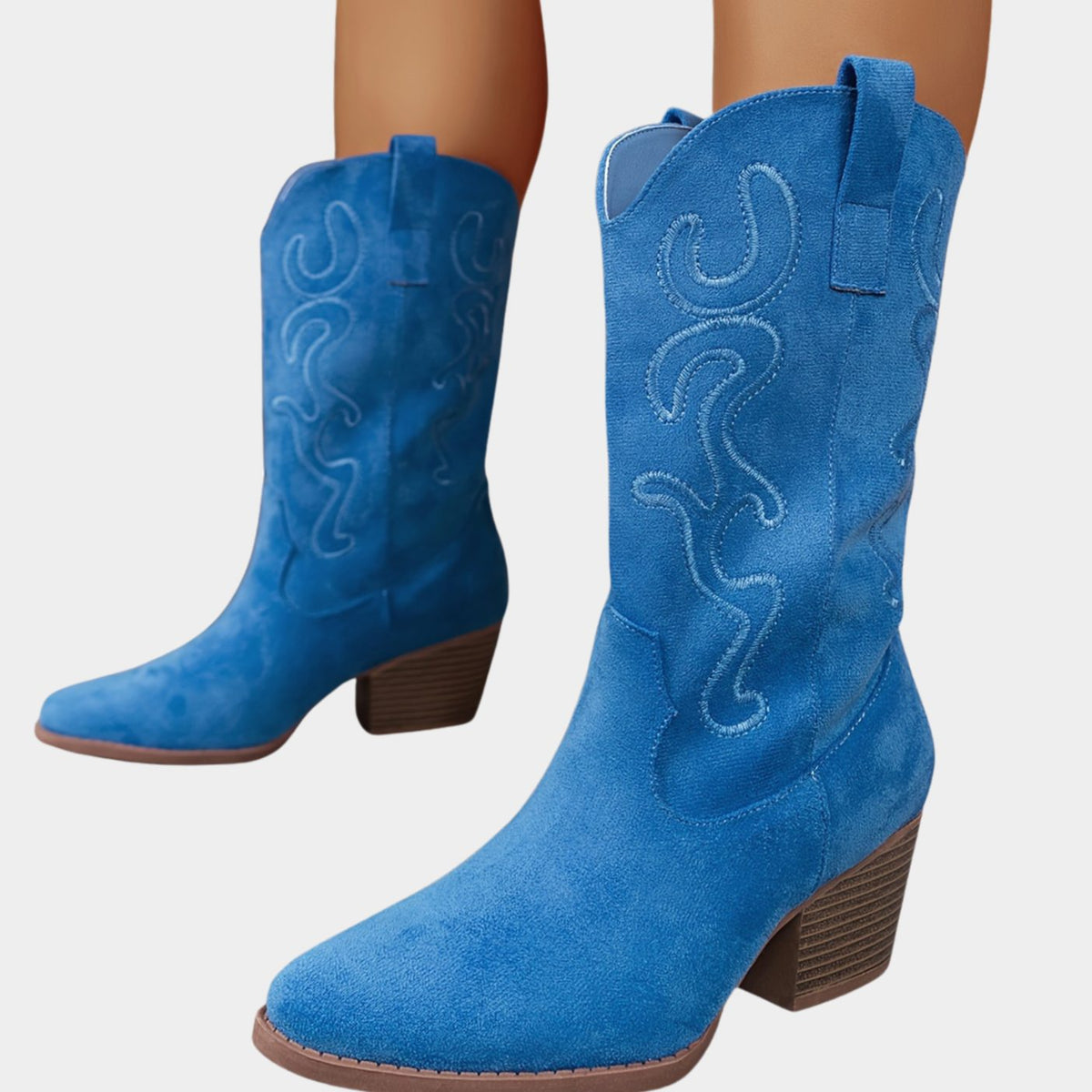 Women's Wide Calf Cowboy Boots Block Heel Western Suede - Sky Blue