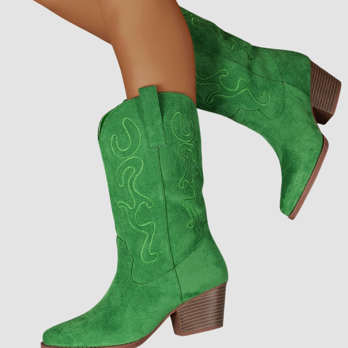 Women's Wide Calf Cowboy Boots Block Heel Western Suede - Dark Green