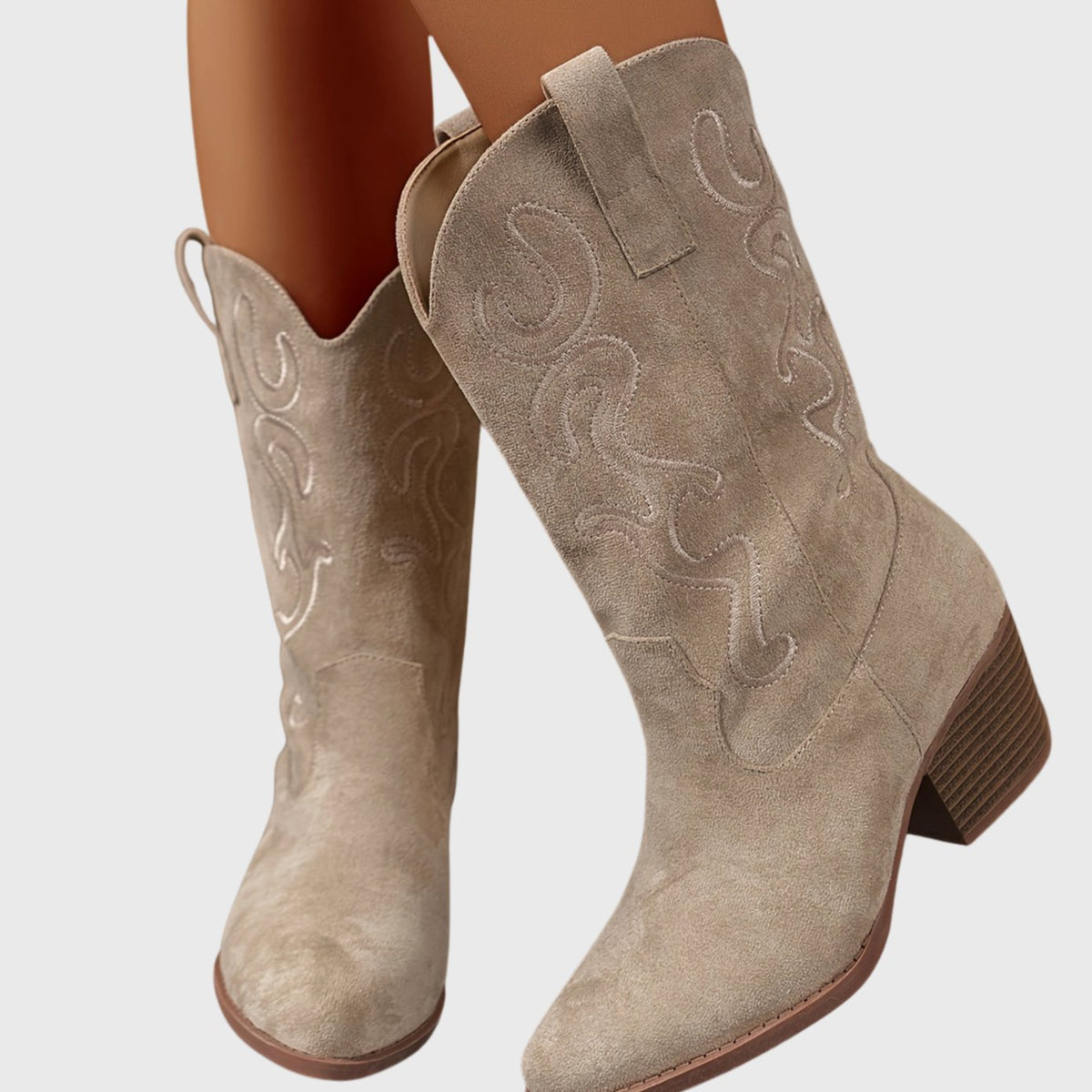 Women's Wide Calf Cowboy Boots Block Heel Western Suede - Beige