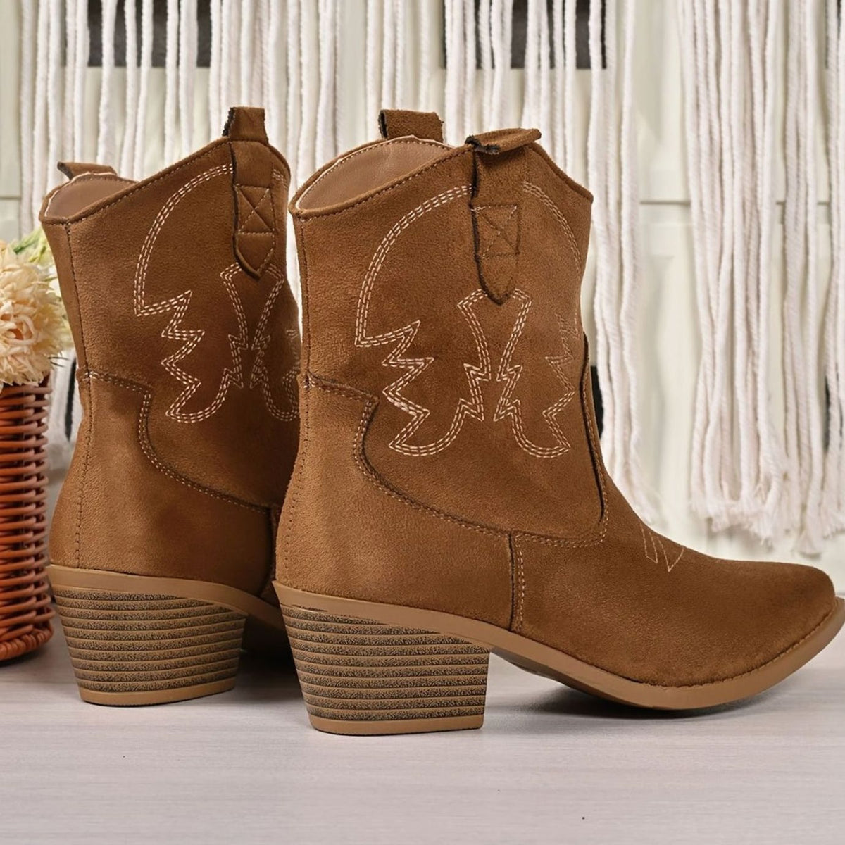 Women's Wide-Calf Embroidered Slip-On Western Cowboy Ankle Boots