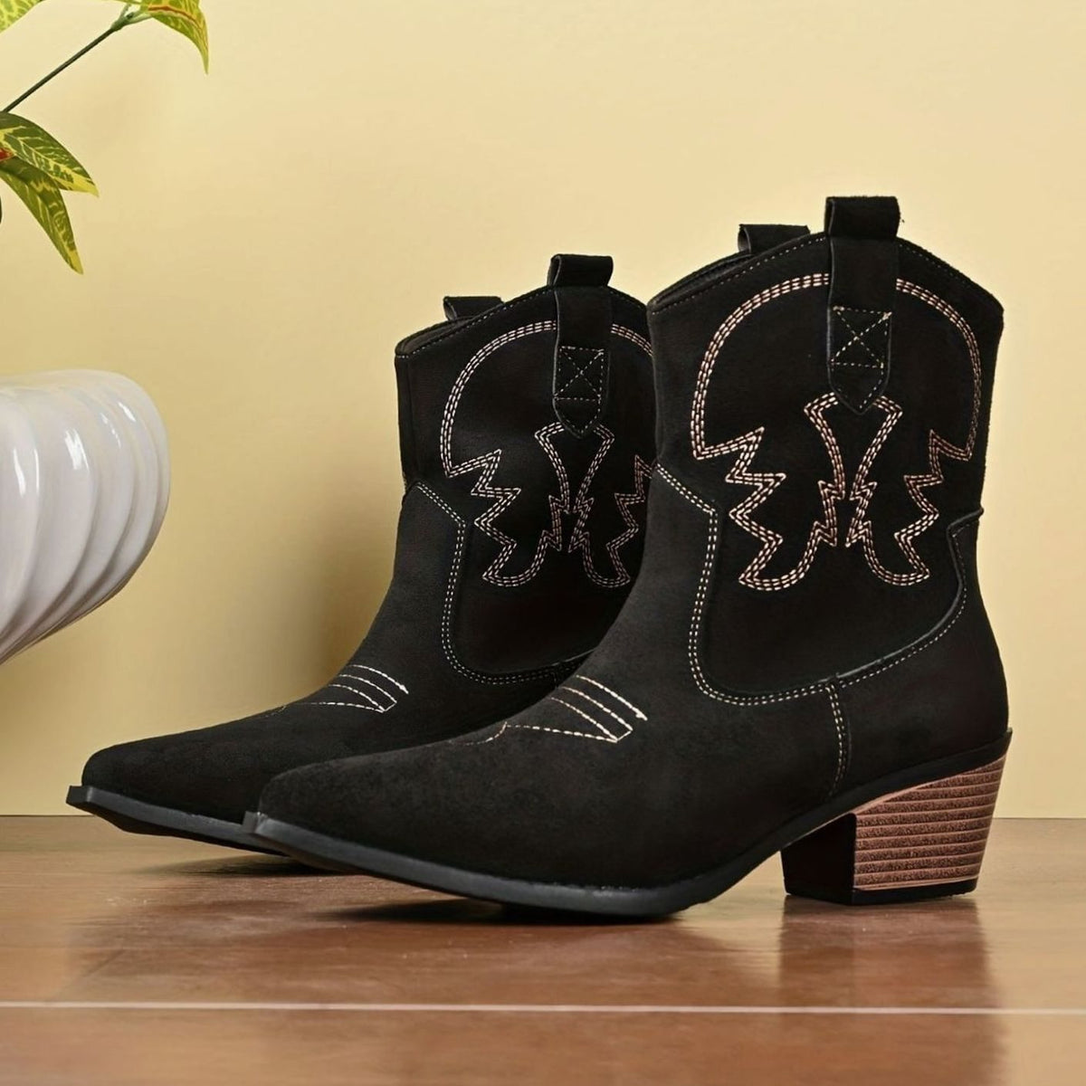 Women's Wide-Calf Embroidered Slip-On Western Cowboy Ankle Boots - Black