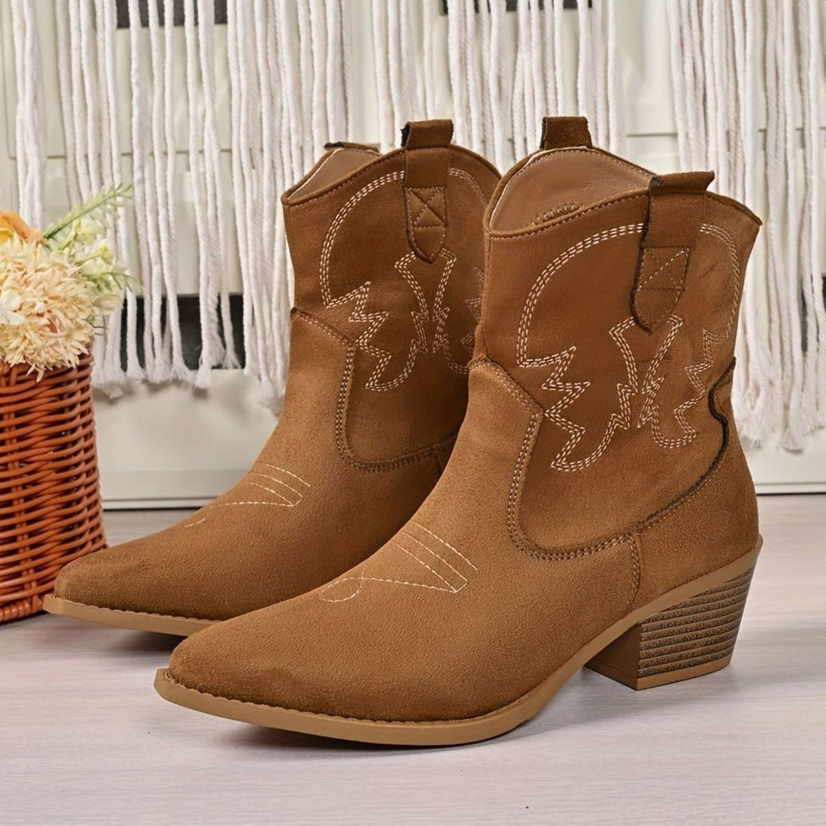 Women's Wide-Calf Embroidered Slip-On Western Cowboy Ankle Boots