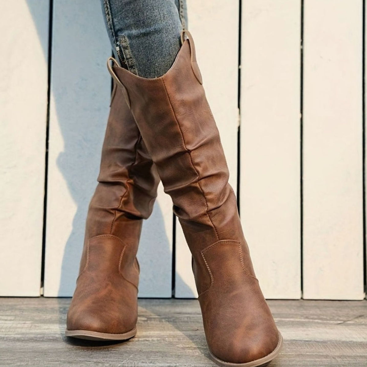 Women's Wide-Calf Flat-Heel Slip-On Western Knee Boots