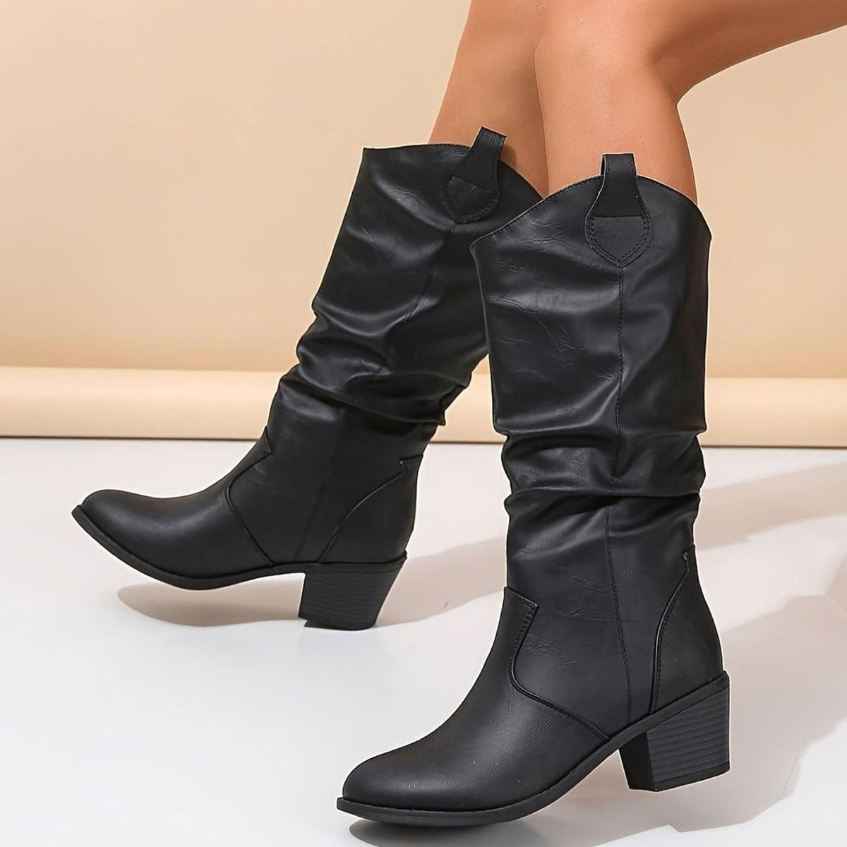 Women's Wide-Calf Flat-Heel Slip-On Western Knee Boots