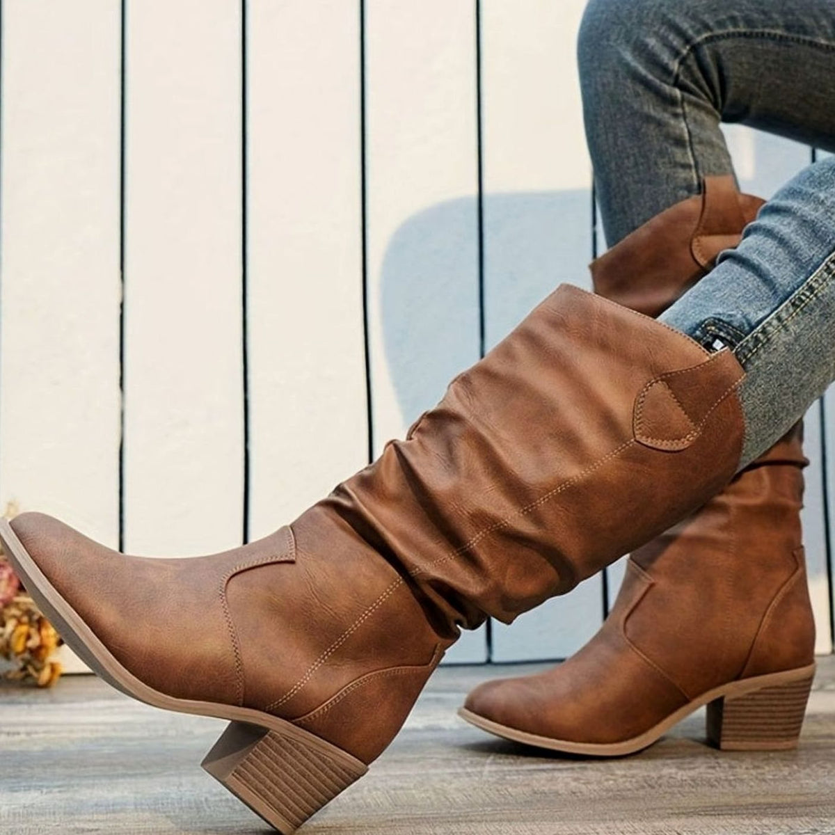 Women's Wide-Calf Flat-Heel Slip-On Western Knee Boots