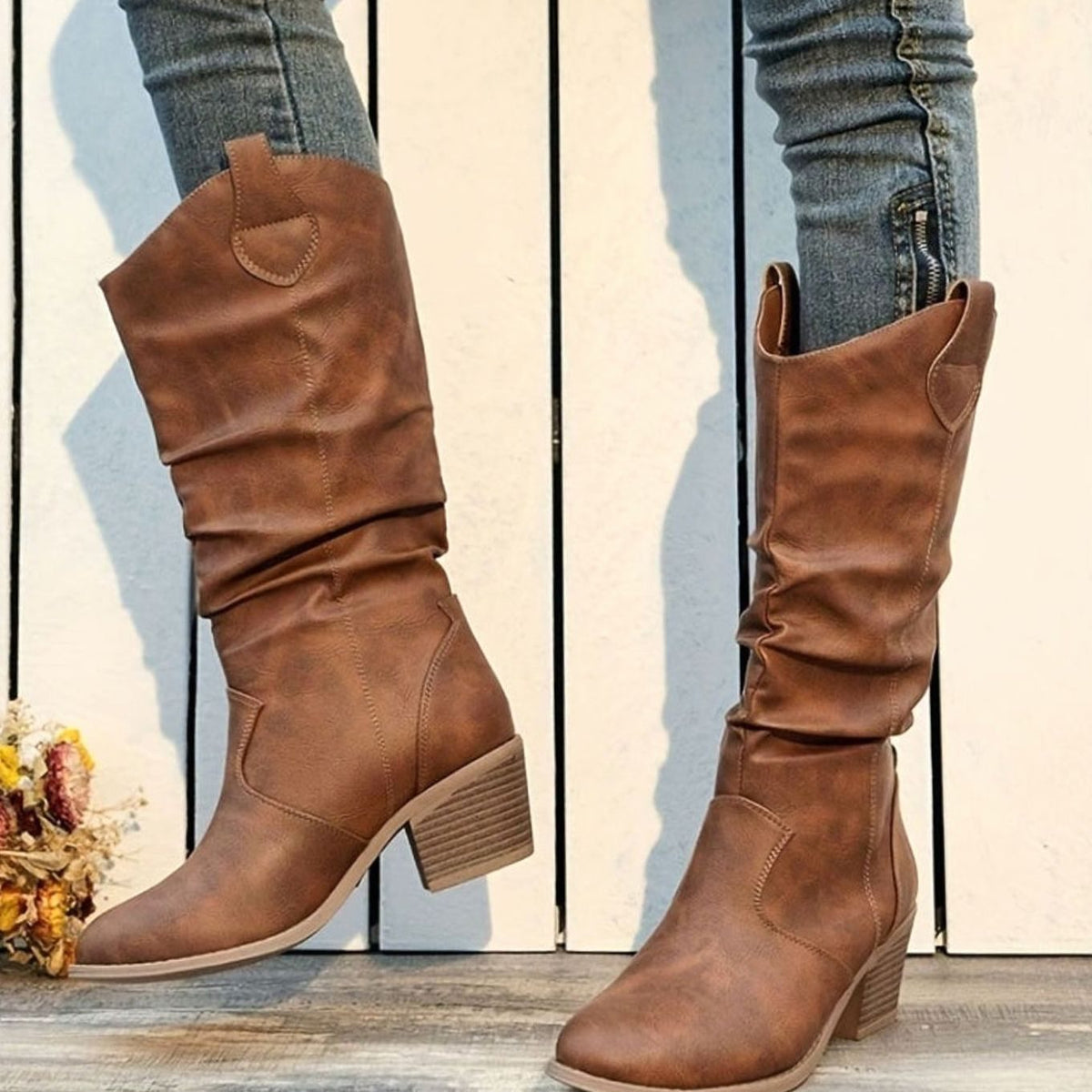 Women's Wide-Calf Flat-Heel Slip-On Western Knee Boots