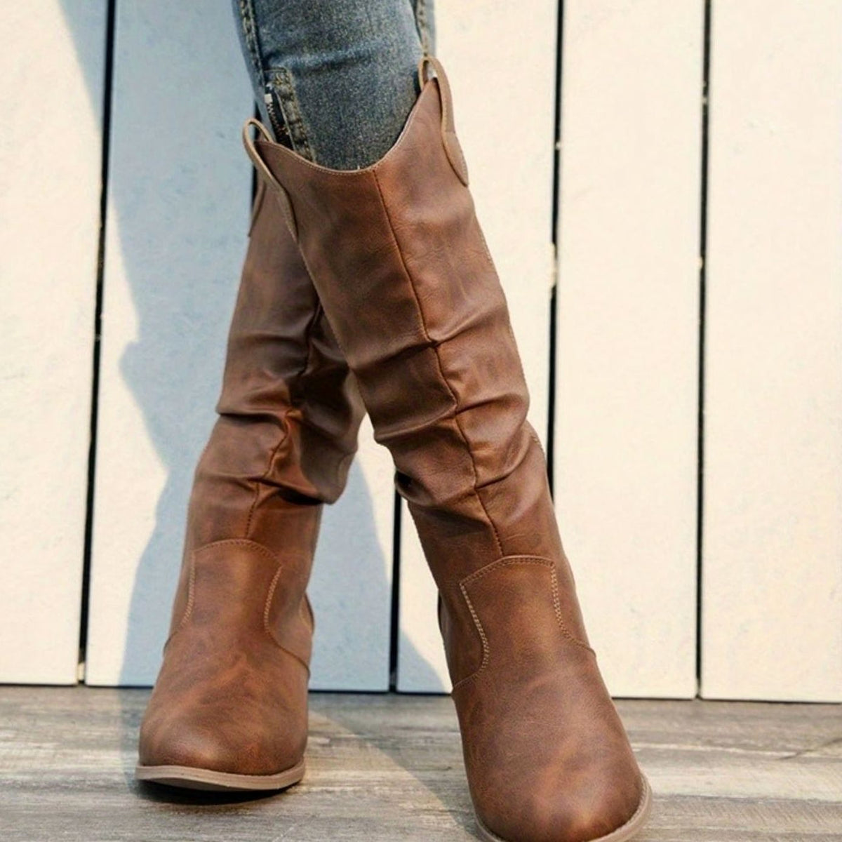 Women's Wide-Calf Flat-Heel Slip-On Western Knee Boots