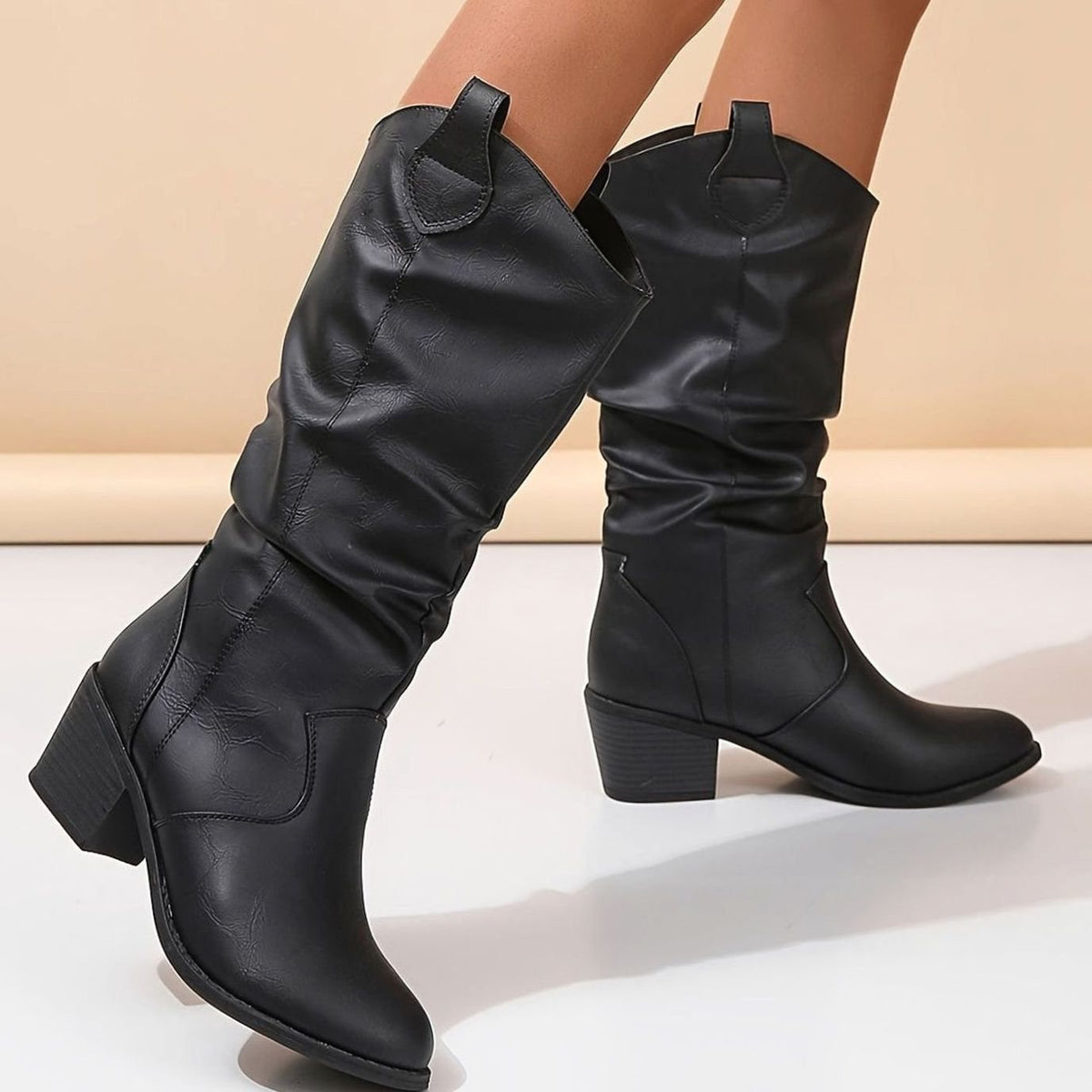 Women's Wide-Calf Flat-Heel Slip-On Western Knee Boots
