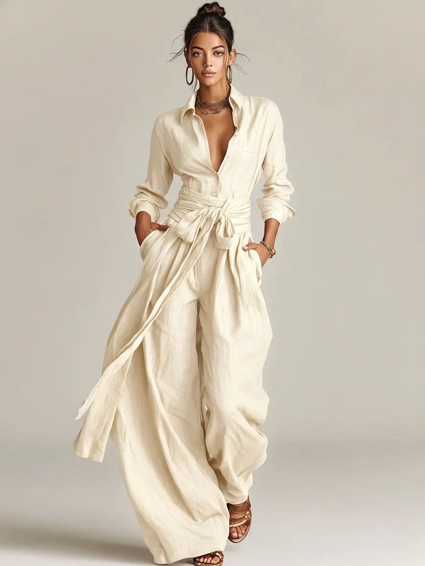 Women's Wide-Leg Cotton-Linen Belted Shirt-Collar Jumpsuit - White