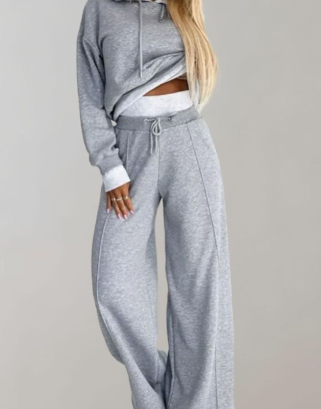 Women's Wide-Leg Drawstring Tracksuit Pants Two-Piece Hoodie Set - Grey