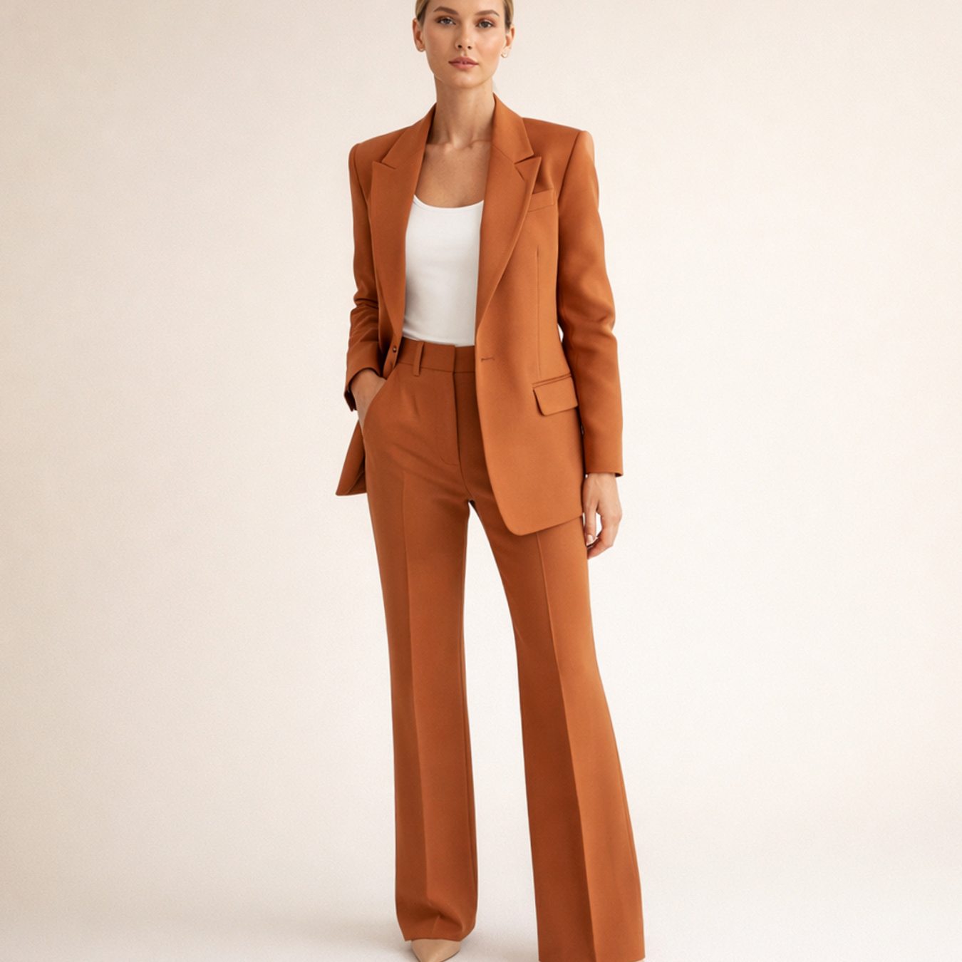 Women's Wide-Leg Flare Trouser Blazer Two-Piece Suit - Brown