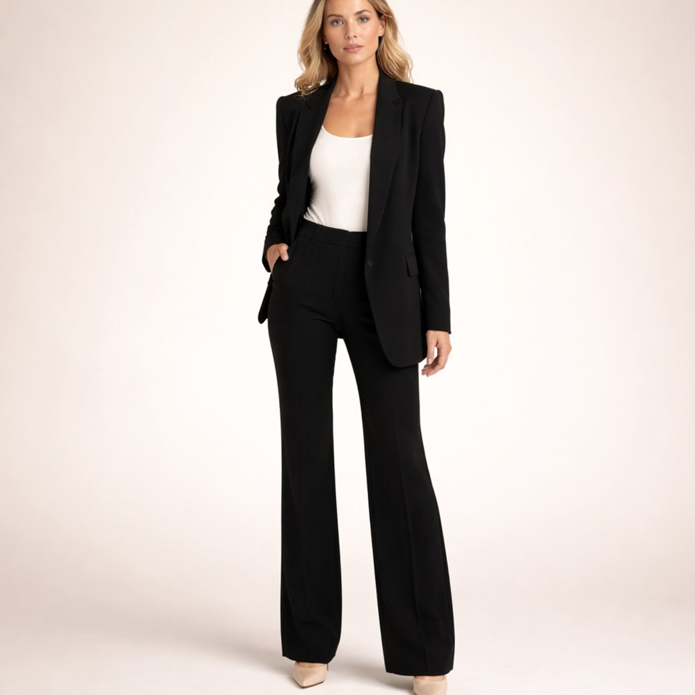 Women's Wide-Leg Flare Trouser Blazer Two-Piece Suit - Black